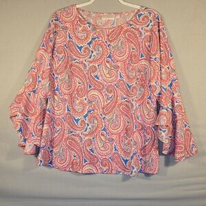 Belle Kim Gravel Top Womens L Multicolor Floral‎ 3/4 Ruffle Sleeve Shirt Boho